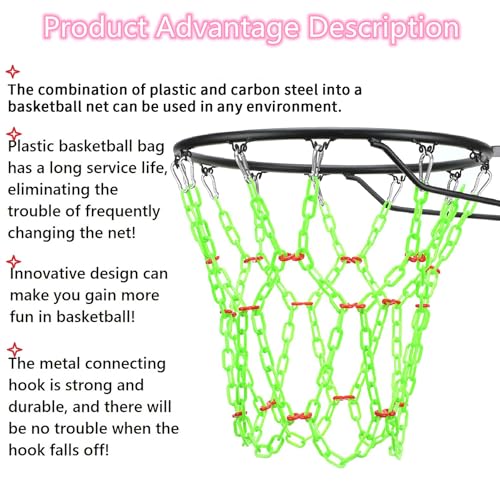 Basketball Net Replacement Heavy Duty,Resin Material, Anti-Rust Use Indoor Outdoor Standard 12-Ring Basketball Hoop - style: green