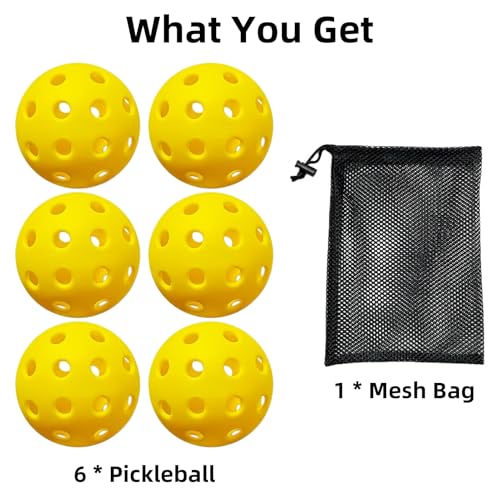 6 Pack Pickleball Balls for Outdoor & Indoor, 40-Holes Practice & Game Pickle Balls with Mesh Bag, High Visibility - color: Yellow - 6 Pack