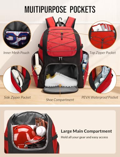 Baseball Backpack for Adult Large Capacity Softball Bat Bag with Shoe Compartment & Wet Pocket Baseball Bag with Fence Hook for 4 Bats & Equipment