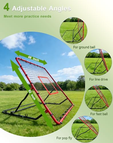 Baseball Rebounder Net Weighted Steel Frame Baseball Net 4 Adjustable Angles Anti-Skid Baseball Bounce Back Net with Flexible Target Webbing & 8 Stakes for Volleyball Softball Lacrosse (48x52inch)