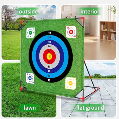 Golf Chipping Game with Stand: 4 in 1 Battle Golf Target Game Set with 16 Sticky Balls, 8 Bean Bags, 2 Soccer Balls, 6 Axes, Indoor Outdoor Yard Games Chipping Practice Mat for Dads Golfers