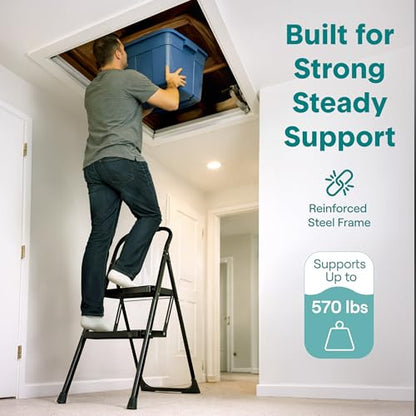 SereneLife 2-Step Ladder, Folding Step Stool for Adults, Wide Anti-Slip Pedal and Handrail, Sturdy Steel Build, 570 lbs Capacity, Portable Step Stool Ladder for Home and Office Use (Black) - size: 2 Step