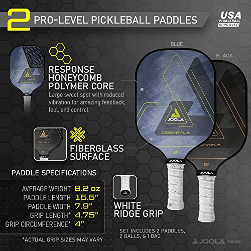 JOOLA Pickleball Paddles & Sets - Includes 2 Rackets, 2–4 Balls, and Storage Carry Bag - USAP Approved - color: Essentials Set