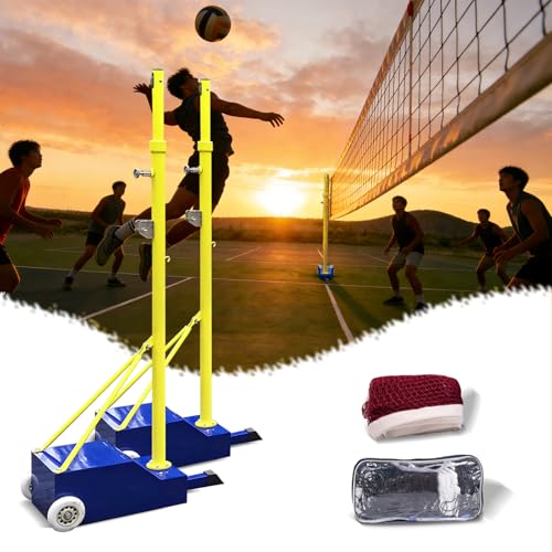 Volleyball Poles for Backyard with Net,Volleyball/Badminton Poles with Movable Heavy Duty Base,Volleyball Net Poles Adjustable 4 Heights,for Indoor Outdoor Stadium School Adults Kids