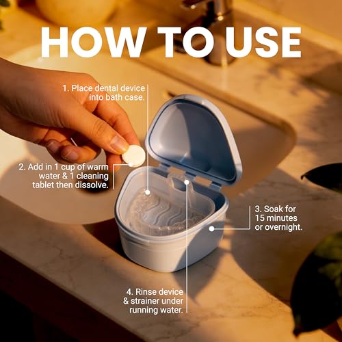 Retainer Cleaner and Soak Container, No-Mess Cleaning Tablets with Universal Denture Bath Case and Strainer, Multipurpose, for Mouth Guard Stains, Odor, and Plaque (92 Tablets + 1 Bath) by M3 - size: Dental Cleaning Kit (1 Count)