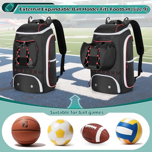 Smasrob Football Bag for Equipment with External Ball Holder, Insulated Pocket and Fence Hooks, Football Backpack for Youth and Adult - color: Black