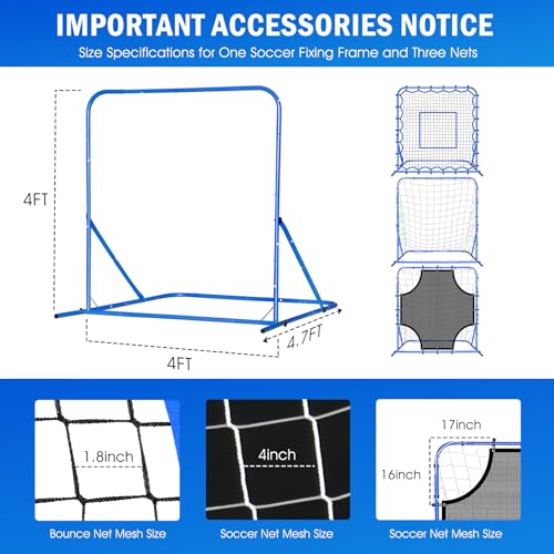 Soccer Baseball Rebounder Net, Soccer Goal Net, Volleyball Softball Rebound Pitchback Net Quick-Switch Angle Training for Control, Passing Practice, Bounce Back Rebounder Goals Gifts Trainer Equipment - size: 4FTx4FT