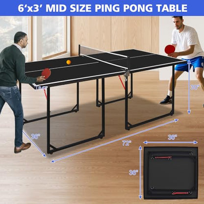 6x3ft Ping Pong Table, Mid-Size Portable Table Tennis Table Set with Net, 2 Table Tennis Paddles and 3 Balls for Kids & Adults, Not Full Size, Space-Saving Design
