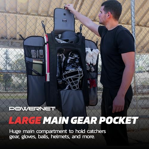 PowerNet Optimus Catcher's Bag, Rolling Equipment Bag Holds All Baseball & Softball Gear, 7 Internal Bat Sleeves, Cleat Compartment, Personalization Panel & Hooks - style: Optimus Catcher's Gear Bag
