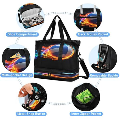 ALAZA Volleyball Ball Black Travel Duffel Bag Tote Bag Multi Compartment Weekender Overnight Bag with Wet Pocket for Travel Men Women