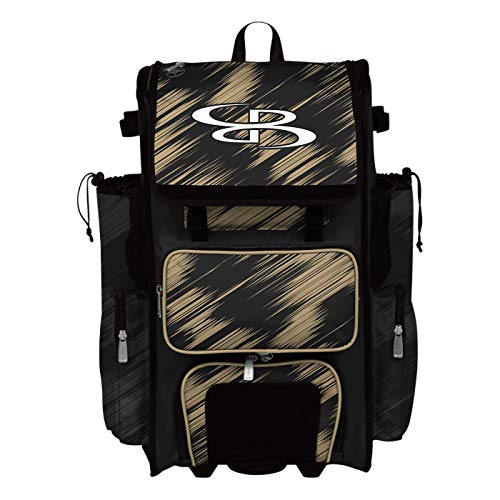 Boombah Rolling Superpack Scratch Baseball/Softball Gear Bag - 23-1/2" x 13-1/2" x 9-1/2" - Multiple Colors - Telescopic Handle and Holds 4 Bats - Wheeled Version - color: Black/Vegas Gold