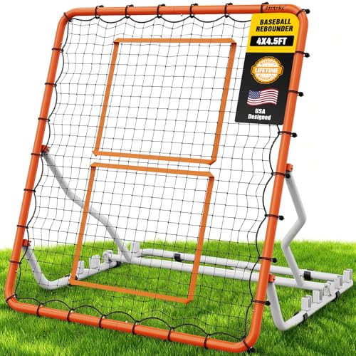 Baseball Rebounder Net 4x4.5FT with 5 Adjustable Angles,Pro Pitch Back Trainer for Volleyball/Softball/Soccer, Solo Practice for Ground, Line Drive & Fly Balls, Durable UV Resistant Net & Ste