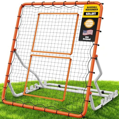 Baseball Rebounder Net 4x4.5FT with 5 Adjustable Angles,Pro Pitch Back Trainer for Volleyball/Softball/Soccer, Solo Practice for Ground, Line Drive & Fly Balls, Durable UV Resistant Net & Ste