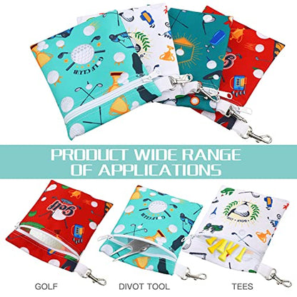 Silkfly 4 Pcs Golf Tee Bag 5.62 x 6.87 Inch Zipper Pouch Tee Holder Pouch with Metal Lobster Claw Clip Gifts Accessories for Men Women Golf Lover Player, 4 Styles(Stylish)