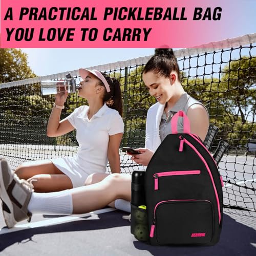 AEROBIX Pickleball Bag for Women & Men, Pickle Ball Backpack - Upgraded Zippers, Large Capacity, Padded Paddle Pocket, Adjustable Sling Bag (No Accessories) - color: PINK