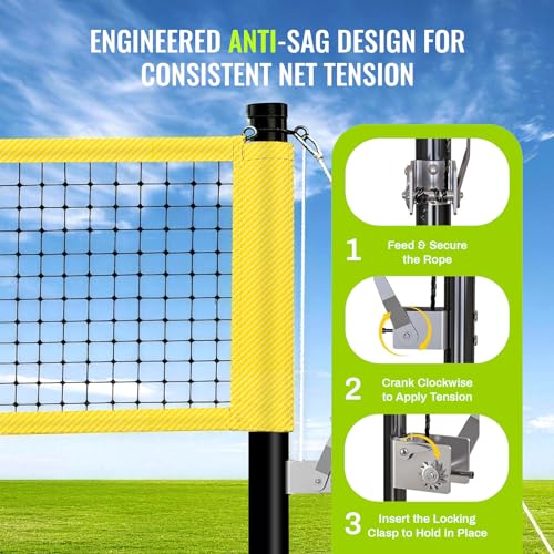 Professional Outdoor Volleyball Net Set with Arm Sleeves & Beach Fixed Plate, Heavy Duty 32ft Ply Reinforced Net with Steel Anti-Sag Winch, Height-Adjustable Poles, Carry Bag for Backyard Beach Lawn