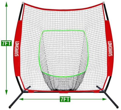 7x7ft/8x8ft Baseball Softball Net with Steel Frame for Batting, Hitting, Pitching, Portable Baseball Batting Net with Carry Bag, Great for All Levels - size: 7FT Red(Tee)