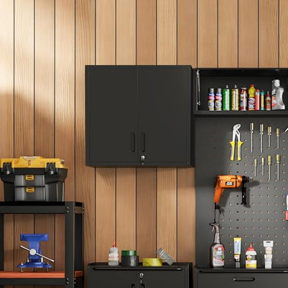 2-Pack Garage Tool Cabinet,Heavy Duty Steel Garage Storage System with Lockable Doors & Adjustable Shelves,Wall Mount Tool Cabinet Set for Workshop Organization,Black