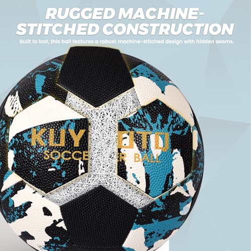 KUYOTQ Soccer Ball, Machine Stitched PU/TPU Leather Soccer Ball Match & Training for Kids Youth Adult, Professional Construction for Durable in and Outdoor Use with Superior Touch