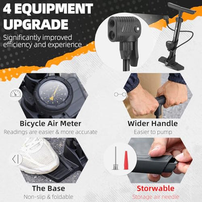Bike Floor Pump, Bikes Pump with Gauge,Bicycle Air Pump with High Pressure 160 Psi, BikeTire Pump with Presta Schrader Valves，Portable Hand Pump Bike, Fits Road Bikes MTB E-Bike, Ball - color: Black