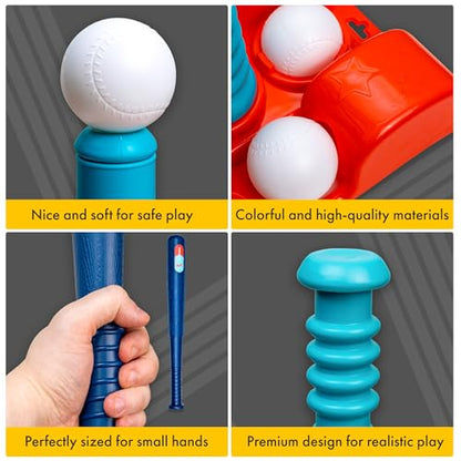 T Ball Stand for Kids and Toddlers 3-5, 5-8. Baseball Set Includes 6 Large Balls, an Adjustable Tball Batting Tee, and a Storage Net. Kids Bat & Teeball, T-Ball Sets for Kids