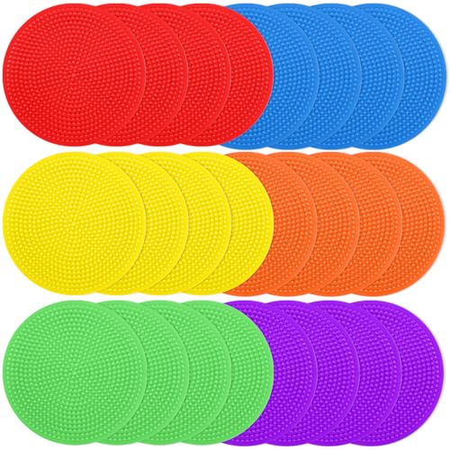4 Inch & 9 Inch Poly Spot Markers for Gym Floor, Non-Slip Rubber Floor Dots Flat Cones, 6/12/24/60Pcs Agility Markers for Soccer, Basketball, PE Training, Dance & Classroom Activities - style: 24Pcs 4 inch 6colors