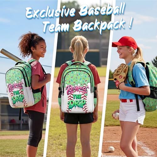 Backpack for School Baseball Drip Backpack for Boys Girls, Green Durable Aesthetic Bookbag for Club Home Camp Hiking Teams - color: Green
