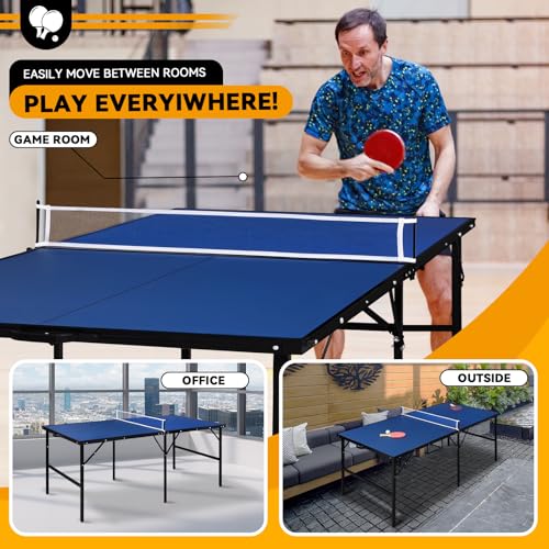 6x3 ft Mid Size Portable Ping Pong Table, Indoor Outdoor Folding Table Tennis Table, Table Tennis for Rec Room w/ 2 Paddles, 2 Balls, Game Net and Adjustable Feet, Sturdy Iron Frame (Blue)