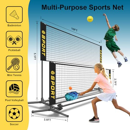 10 FT Mini Portable Tennis Net for Teenagers with Rubber Volleyball, with Pump and Carry Bag, Adjustable Height 2.7FT-5.1FT for Badminton Net, Volleyball Net,Soccer Net,Pickleball Net