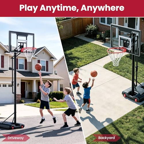 Feelwin Basketball Hoop for Kids Youth Adults, Portable Adjustable Height Basketball Goal with Wheels for Driveway Backyard Outdoor Play