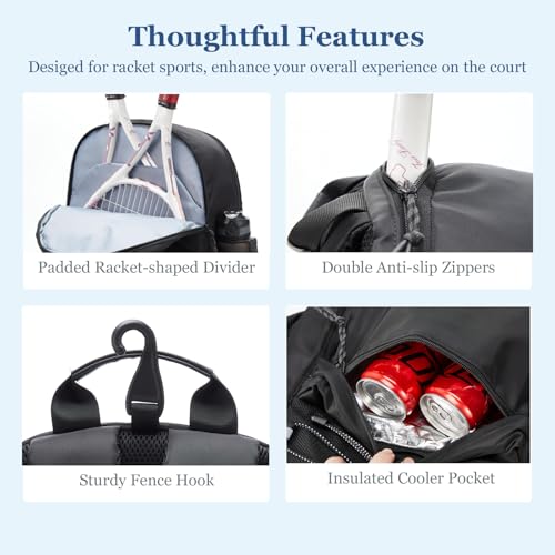 Tennis Bag, Tennis Backpack for Women Men 2 Rackets with Insulated Pocket Shoe Compartemnt for Pickleball Tennis - color: Black