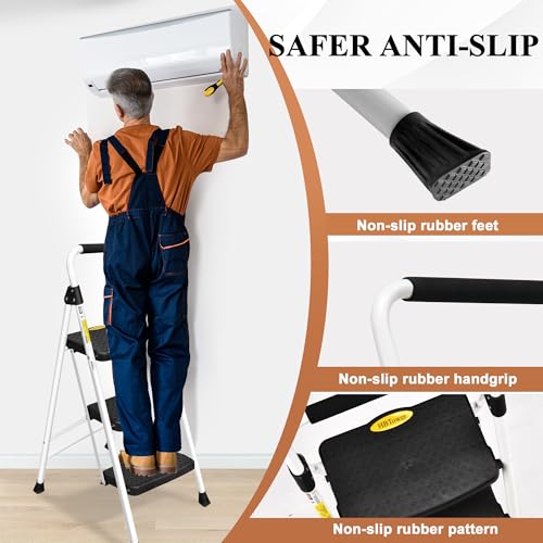 HBTower Step Ladder, Folding Step Stool with Wide Anti-Slip Pedal, Sturdy Steel Ladder, Convenient Handrail, Lightweight, Portable Steel Step Stool - color: White, size: 3 Step Ladder