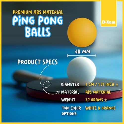 D-Xam Ping Pong Balls Orange or White ABS 1 Star 40mm Official Size High Bounce Professional 50, 30 Pack Table Tennis Ball for Training & Practice - Durable High Performance