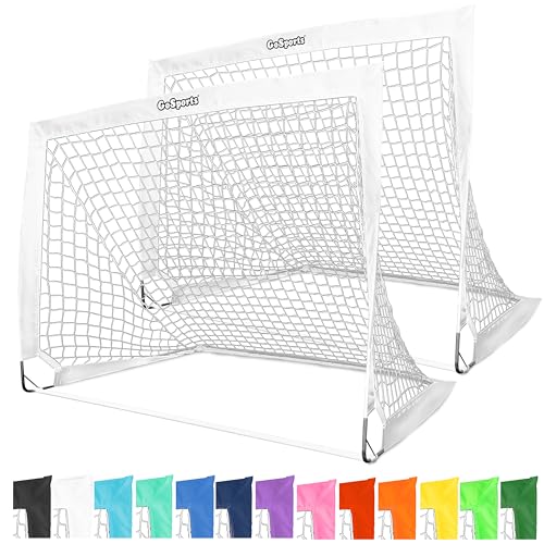 GoSports 4 x 3 ft Portable Soccer Goals for Kids - 13 Colors - Set of 2 Team Tone Pop Up Nets for Backyard - color: White