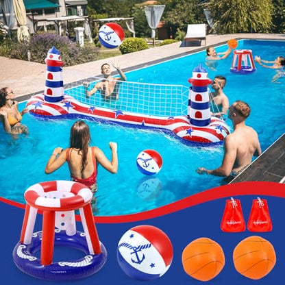 EagleStone Inflatable Pool Float Set with Volleyball Net & Basketball Hoop,2-in-1 Floating Water Games for Kids Adults, Backyard Beach Summer Toys, Heavy-Duty PVC Family Pool Party Essentials - color: Red