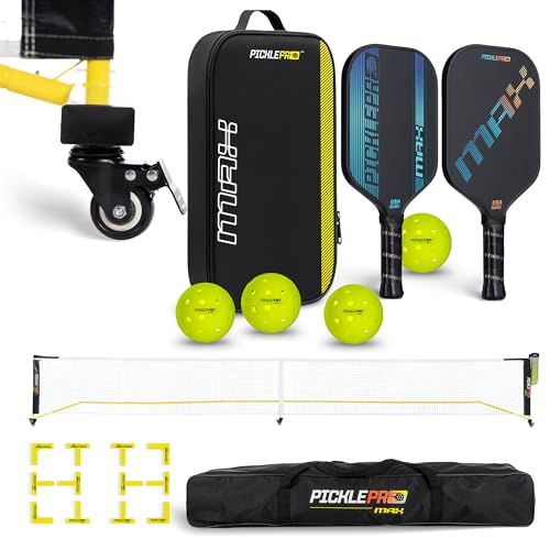 Ultimate Pickleball Set with Regulation Net System – 2 Carbon Fiber Max Thermoformed Paddles with CAS Surface, 4 Outdoor Balls, CourtMark PVC Kit & Paddle Bag – USAPA Approved, Tournament-Grade