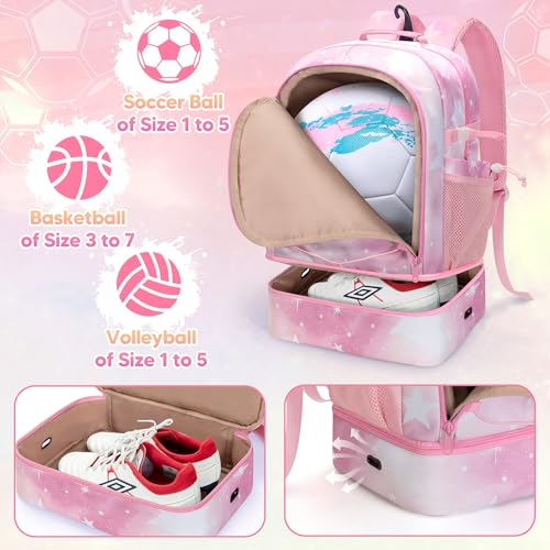 Smasrob Soccer Bags for Girls with Separate Ball Pocket and Shoe Compartment, Sports Backpack for Soccer, Basketball, Volleyball - color: Pink