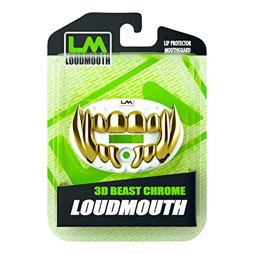 Loudmouth Football Mouth Guard - 3D Chrome Beast Football Mouthpiece, Fits Adult & Youth Ages 5+, Accessories Mouth Guard (3D Beast - Chrome White/Gold) - color: 3d Beast - Chrome White/Gold