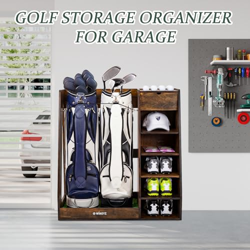 WINGYZ Premium Birch Plywood Golf Bag Storage for 2 Bags | 36lb Rock-Solid Golf Bag Organizer | 7-Shelf Command Center | Artificial Turf 12-Ball Display | No Wall Mounting Required (Brown) - color: Brown