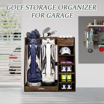 WINGYZ Premium Birch Plywood Golf Bag Storage for 2 Bags | 36lb Rock-Solid Golf Bag Organizer | 7-Shelf Command Center | Artificial Turf 12-Ball Display | No Wall Mounting Required (Brown) - color: Brown