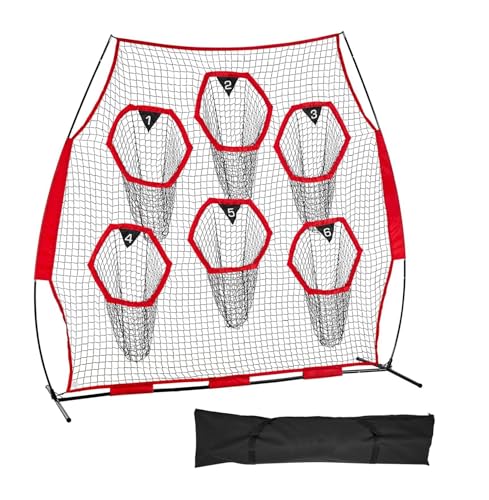 8 x 8 ft Football Trainer Throwing Net, Training Throwing Target Practice Net with 6 Target Pockets, Knotless Net Includes Straps and Portable Carry Case, Improve QB Throwing Accuracy, Red