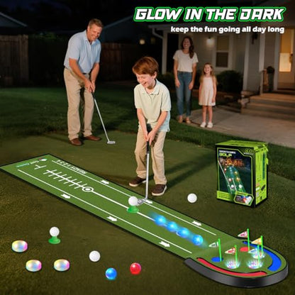 TERRAMUS Upgraded Golf Putting Mat for Kids, 7.8 Ft Putting Green with LED Light up Holes, Glowing Balls, 2 Clubs, Toy Golf Game Set, Golfing Mats Indoor Outdoor, Sport Golf Gift for Kids Teens Family