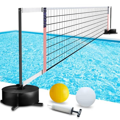 Portable Pool Volleyball Net System -4th of July Celebration Adjustable 16.5-26.5FT Length Net Includes 2 Water Volleyballs, Heavy-Duty Water-Filled Base Perfect for Pickleball, Tennis & Pool Games