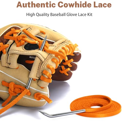 Softball Baseball Glove Lace, Mitt Lace Repair Kit Includes 2 Leather Laces and Lacing Needle for Catcher's Glove - color: Orange