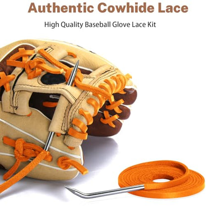 Softball Baseball Glove Lace, Mitt Lace Repair Kit Includes 2 Leather Laces and Lacing Needle for Catcher's Glove - color: Orange