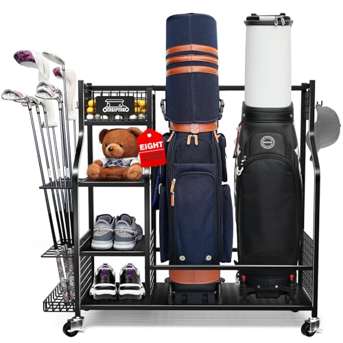 Golf Bag Storage Garage Organizer, Golf Bag Storage Stand and Other Golfing Equipment Accessories Rack, Golf Bag Storage Rack with Wheels, Golf Organizer for Home, Garage, Club, Shed, Basement - color: 2 Golf Bag Rack