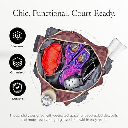 Pik’le’Ball Sport Premium Women's Pickleball Bag – Stylish and Versatile Sports Bag with Water Bottle Holder, Padded Paddle Pocket, and Spacious Design (fits 2+ Paddles!) - color: Checkered Chic Brown