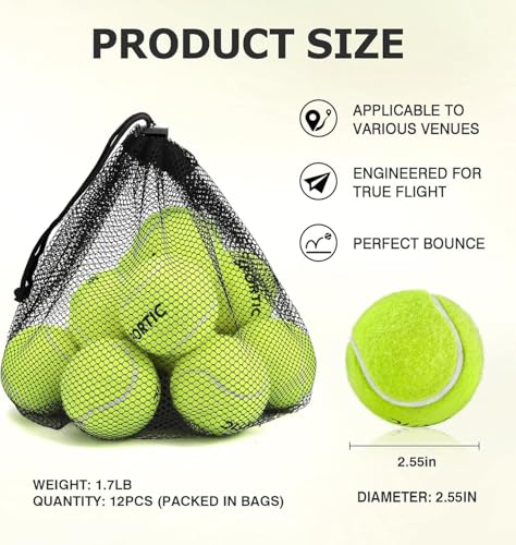 SPORTIC Tennis Balls, Duty Felt Pressurized Tennis Ball with Mesh Bag for 12PC or 36PC -High Bounce Training Exercise Tennis Balls for Beginners & Pet Dog Playing Balls, 3/4/12/36 PCS - style: 12pc fbm