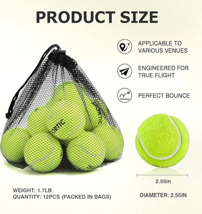 SPORTIC Tennis Balls, Duty Felt Pressurized Tennis Ball with Mesh Bag for 12PC or 36PC -High Bounce Training Exercise Tennis Balls for Beginners & Pet Dog Playing Balls, 3/4/12/36 PCS - style: 12pc fbm