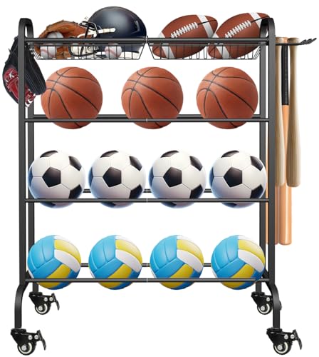 Basketball Racks Holder for Balls with Wheels, Rolling Metal Sports Equipment Storage Stand Organizer with Baskets and Hooks for Basketballs Footballs Volleyball, Black